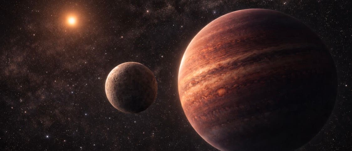 Eine künstlerische Darstellung eines großen Gasplaneten mit sichtbaren Streifen und einem kleineren, felsigen Mond im Vordergrund. Im Hintergrund ist ein leuchtender Stern zu sehen, umgeben von zahlreichen Sternen und einer Galaxie. Die Szene vermittelt den Eindruck eines fernen Sonnensystems im Weltraum. Eine künstlerische Darstellung eines großen Gasplaneten mit sichtbaren Streifen und einem kleineren, felsigen Mond im Vordergrund. Im Hintergrund ist ein leuchtender Stern zu sehen, umgeben von zahlreichen Sternen und einer Galaxie. Die Szene vermittelt den Eindruck eines fernen Sonnensystems im Weltraum.