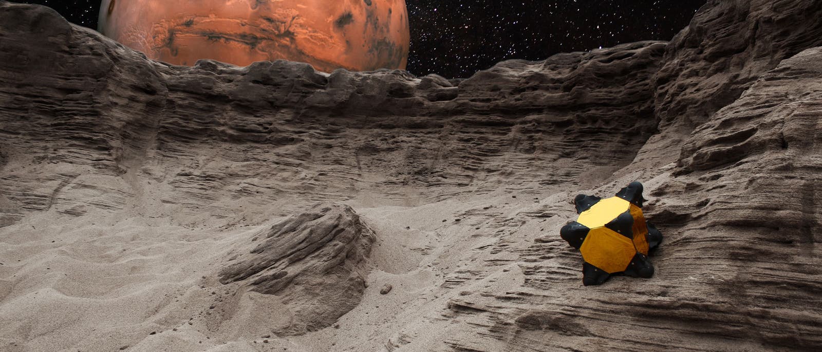 "künstlerische" Darstellung des Roboters auf einem der Marsmonde