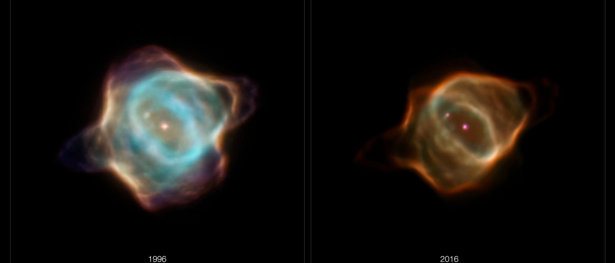 Der Stingray-Nebel, Hen 3-1357, links in einer Aufnahme des Weltraumteleskops Hubble von 1996, rechts aus dem Jahr 2016.