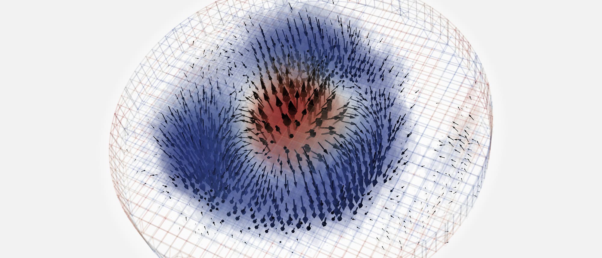 Bei dem untersuchten Skyrmion zeigt die Magnetisierung in der Mitte nach oben und dreht sich dann rundum nach unten. 