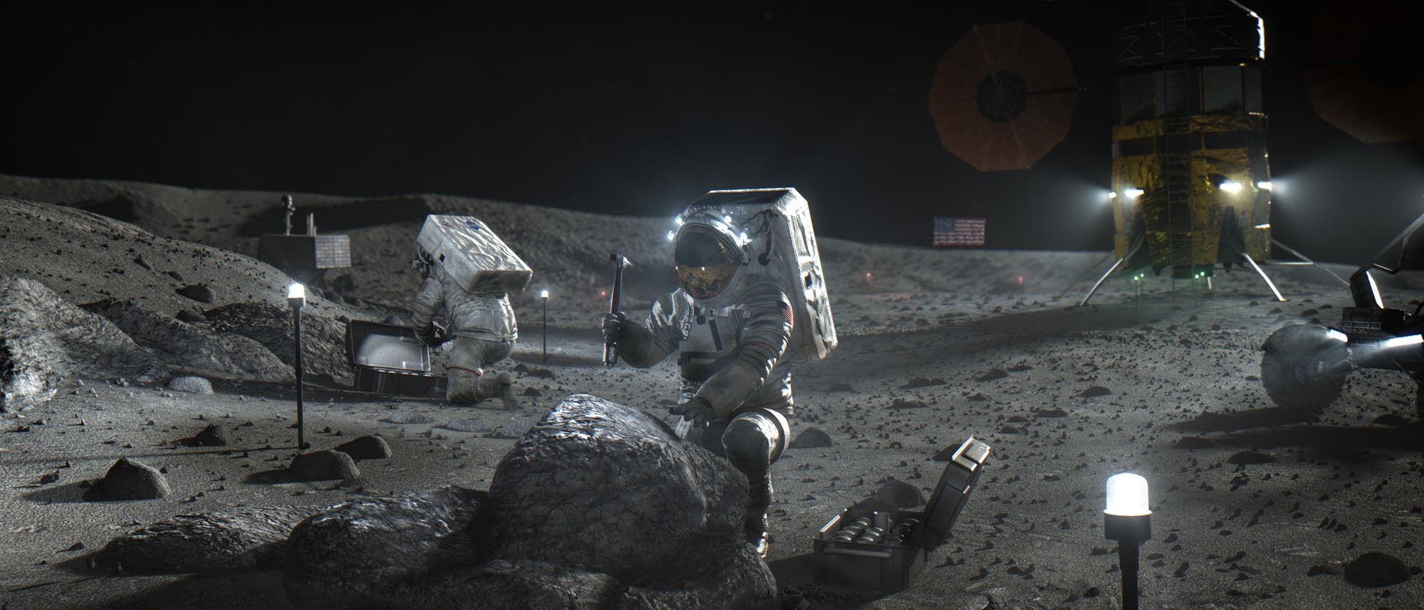Illustration zweier Menschen in Raumanzügen, die auf der Mondoberfläche knien und Gesteinsproben nehmen, im Hintergrund ist eine Landefähre und eine aufgestellte US-Flagge zu erkennen
