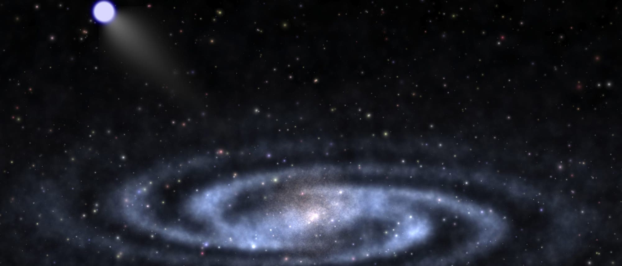 Eine k&uuml;nstlerische Darstellung einer Spiralgalaxie im Weltraum, mit mehreren spiralf&ouml;rmigen Armen, die sich um ein helles Zentrum winden. Im Hintergrund sind zahlreiche Sterne zu sehen. In der oberen linken Ecke befindet sich ein heller, leuchtender Punkt mit einem Schweif, ein Hyperschnelll&auml;ufer. Der dunkle Hintergrund hebt die leuchtenden Elemente hervor und vermittelt den Eindruck der Weite des Universums.
