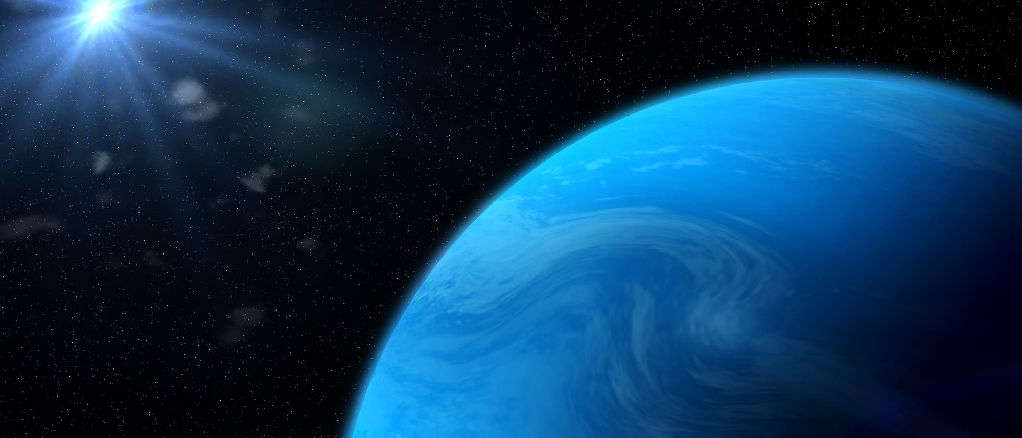 Ein blauer Exoplanet wird von einer fernen Sonne angestrahlt.