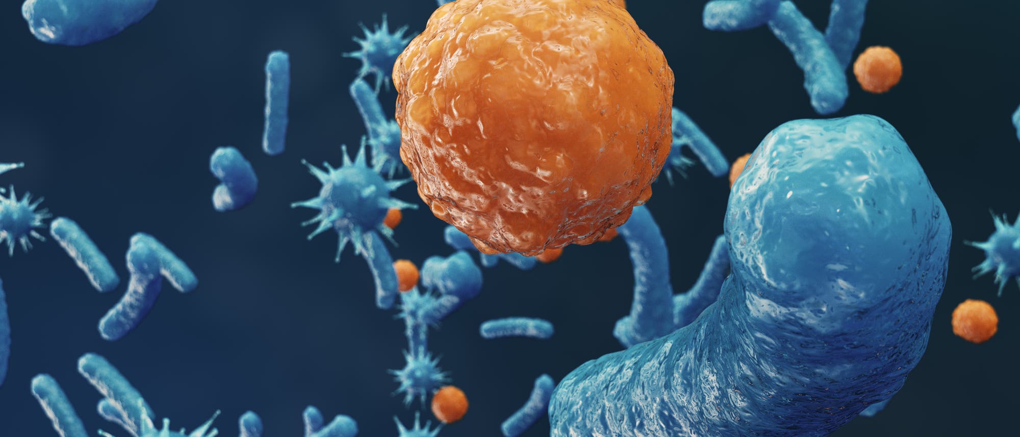 Abstrakte Darstellung von so etwas wie Viren und Bakterien auf blauem Hintergrund.