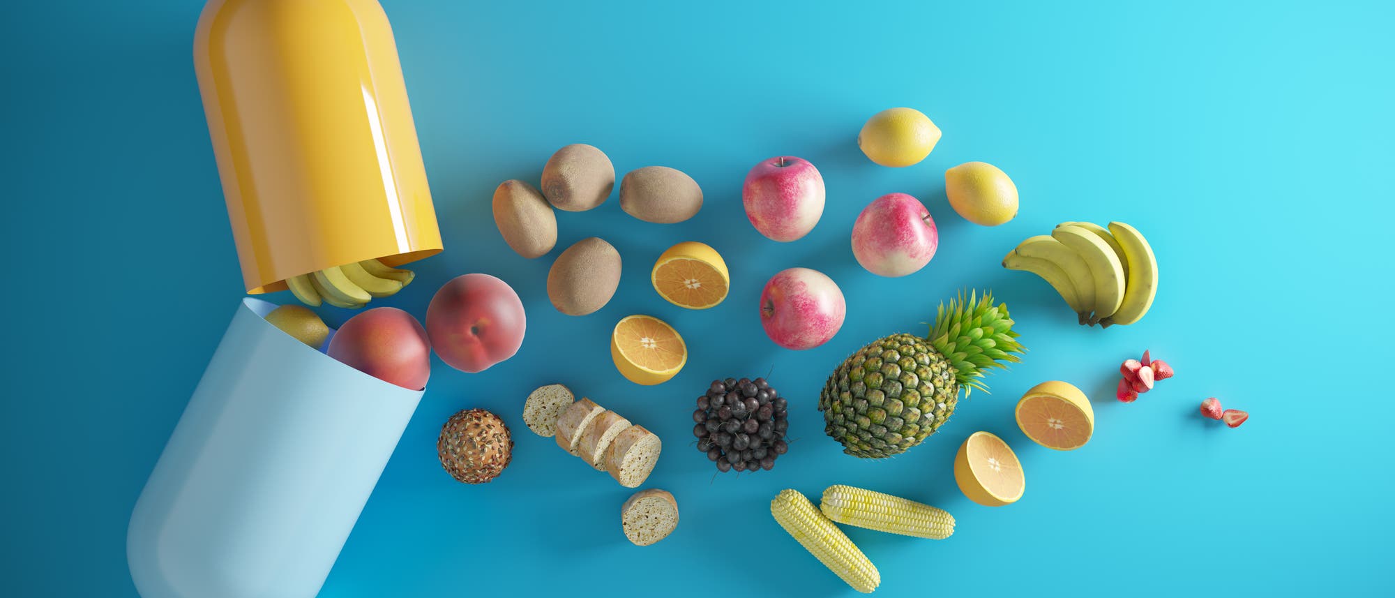 Obst und Brot in Tablettenform