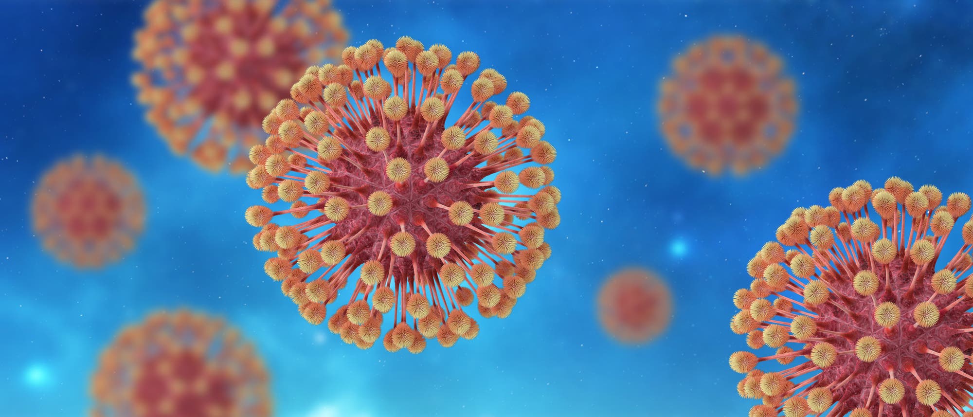 Diese Illustration zeigt ein Herpes simplex Virus, das in Rosatönen eingefärbt ist, der Hintergrund ist blau