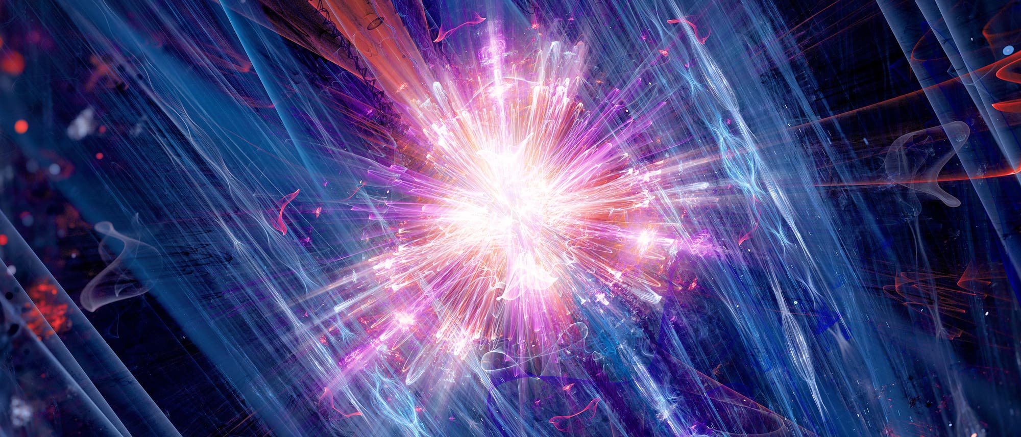 Künstlerische Darstellung einer Explosion von Licht und Energie: Im Zentrum des Bildes befindet sich ein heller, leuchtender Punkt, von dem aus bunte Lichtstrahlen in Blau-, Lila- und Rottönen radial nach außen strahlen. Die Umgebung ist dunkel, was den Kontrast zur zentralen Explosion verstärkt. Künstlerische Darstellung einer Explosion von Licht und Energie: Im Zentrum des Bildes befindet sich ein heller, leuchtender Punkt, von dem aus bunte Lichtstrahlen in Blau-, Lila- und Rottönen radial nach außen strahlen. Die Umgebung ist dunkel, was den Kontrast zur zentralen Explosion verstärkt.