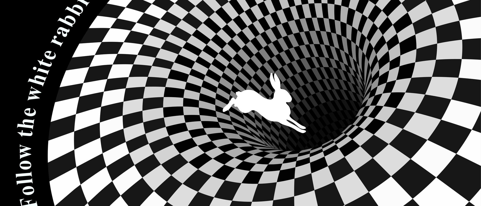 Zeichnung von einem weißen Kaninchen, das in einen Tunnel springt