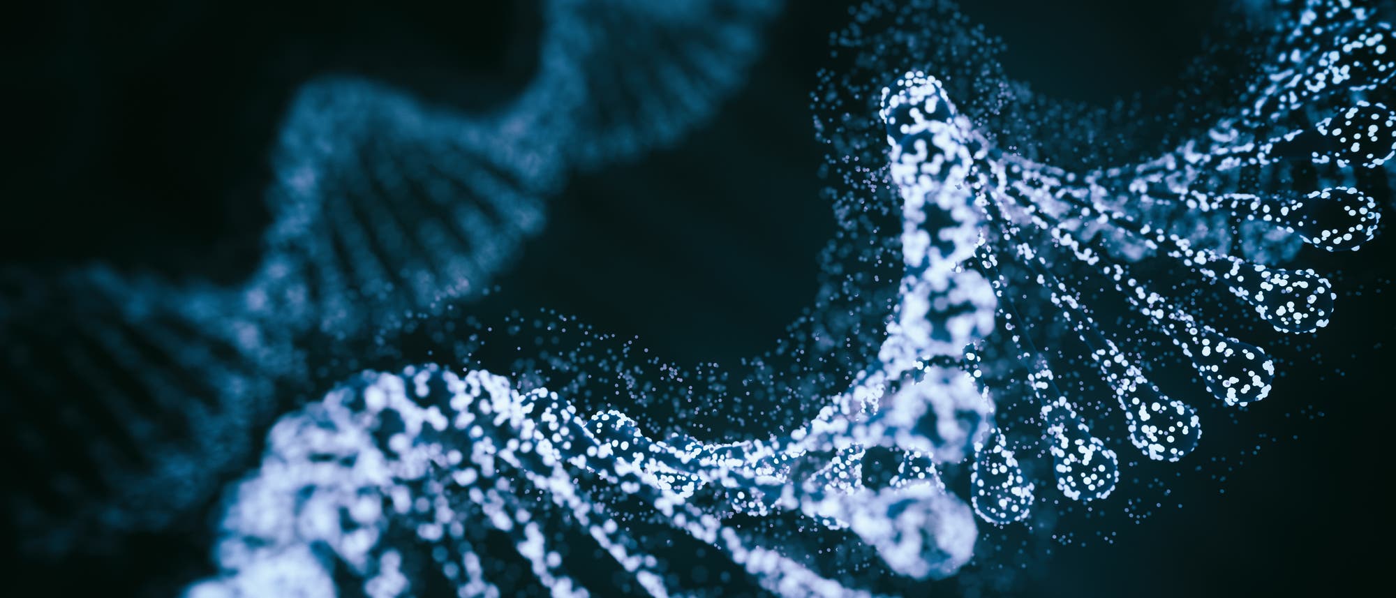 Blauer DNA-Doppelstrang vor schwarzem Hintergrund