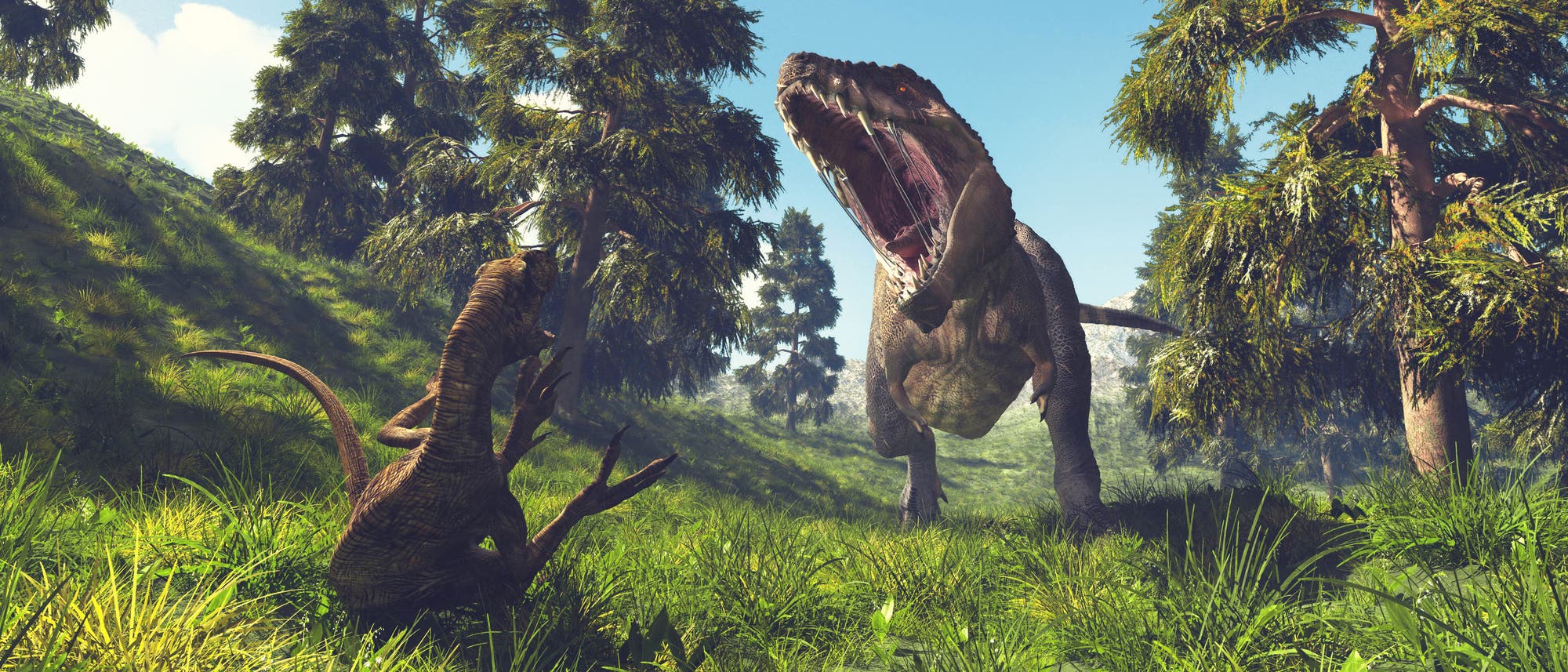 Die 3-D-Animation stellt dar, wie ein Tyrannosaurus rex einen Oviraptor im Wald angreift.