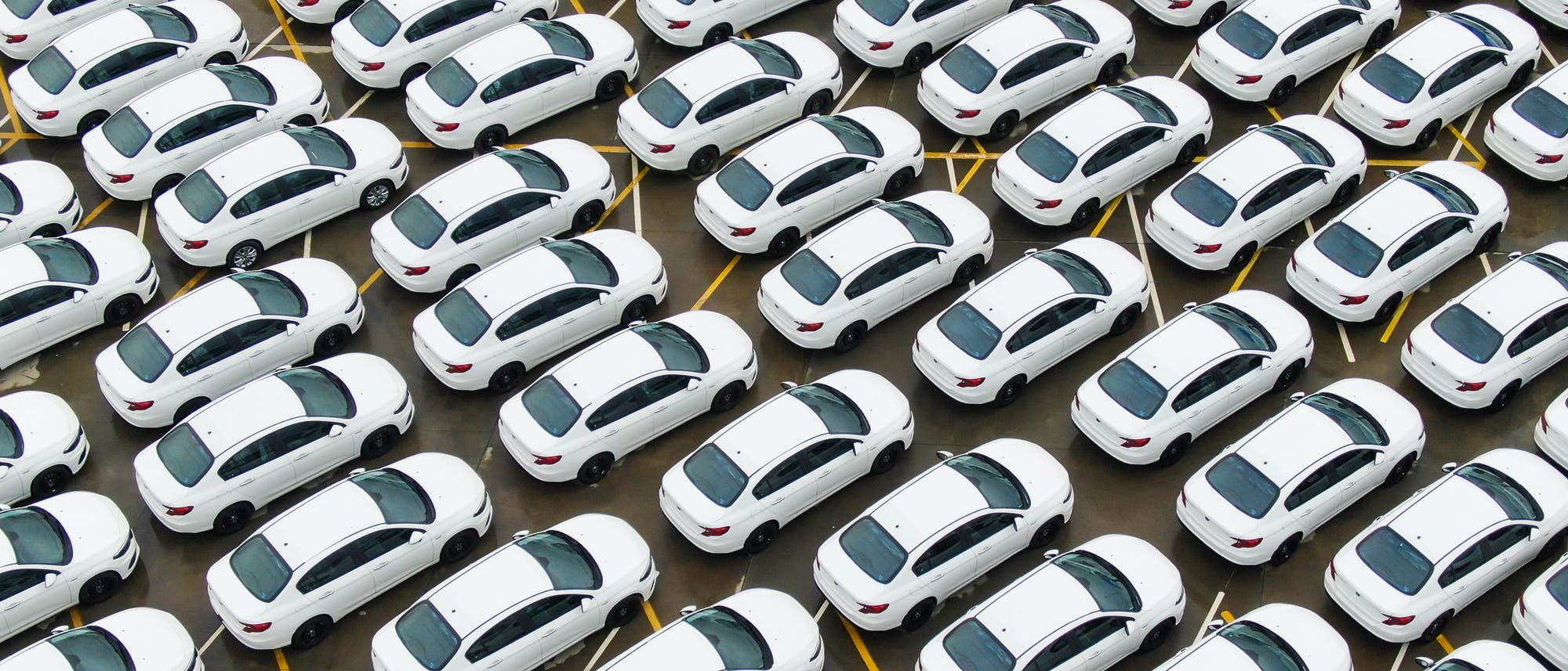Einheitlich weiße Autos auf dem Parkplatz einer Autofabrik