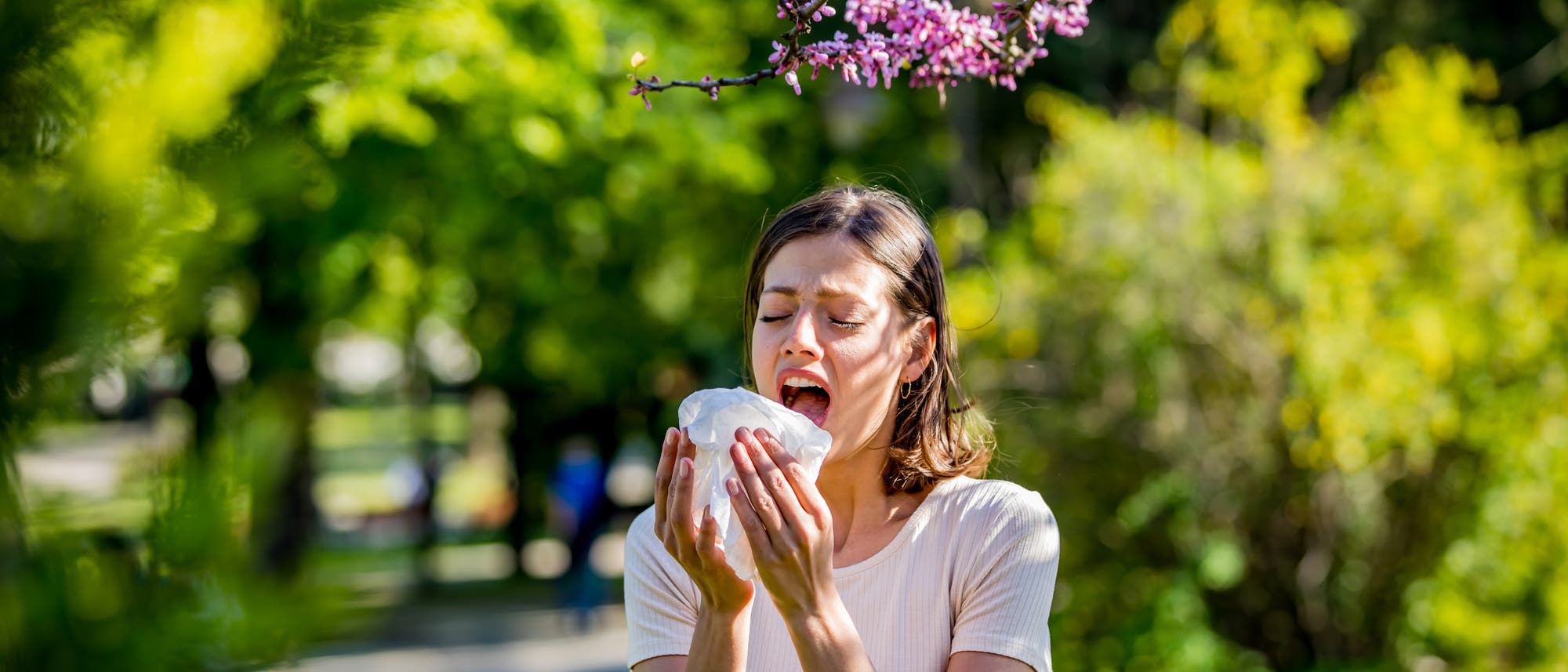 Eine Frau ist draußen im Park mit blühenden Bäumen und muss in ein Taschentuch niesen. Sie hat vermutlich eine Pollenallergie. 