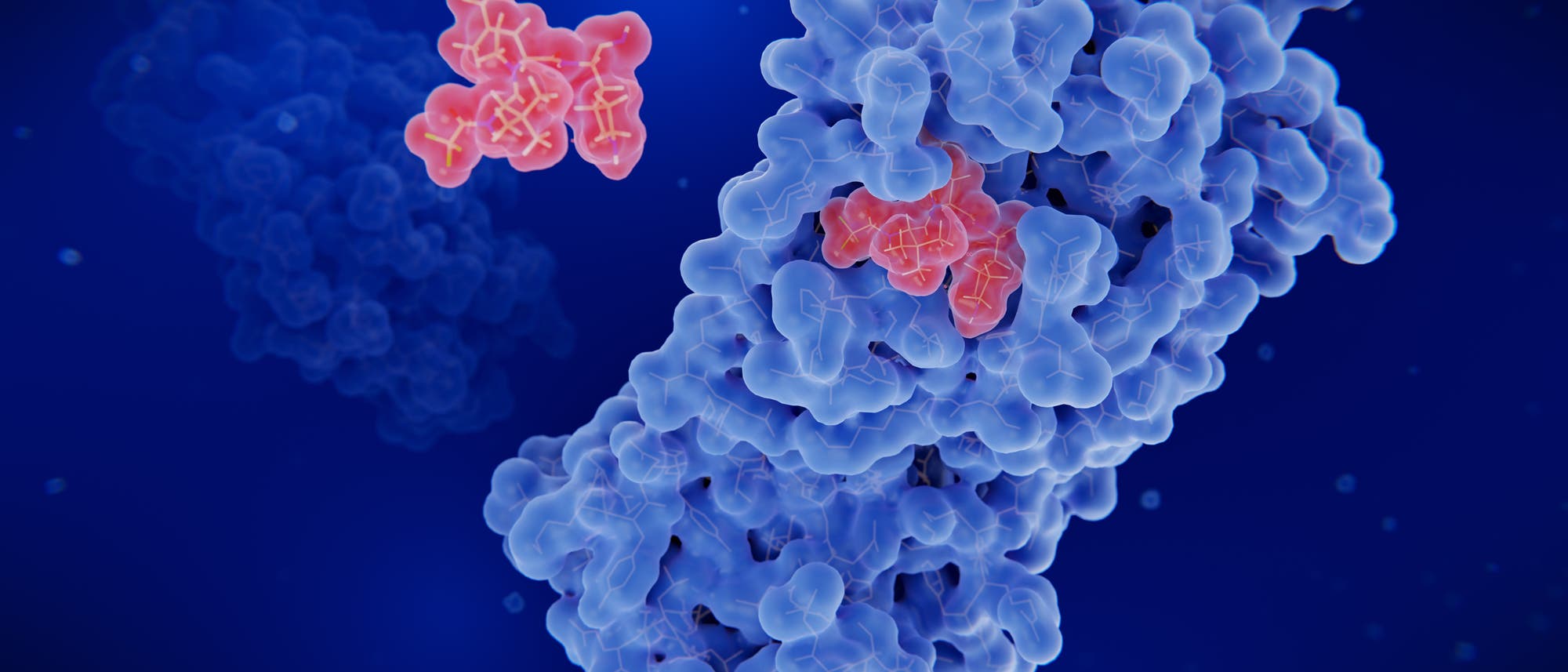 Corona-Protease mit Inhibitor vor blauem Hintergrund.
