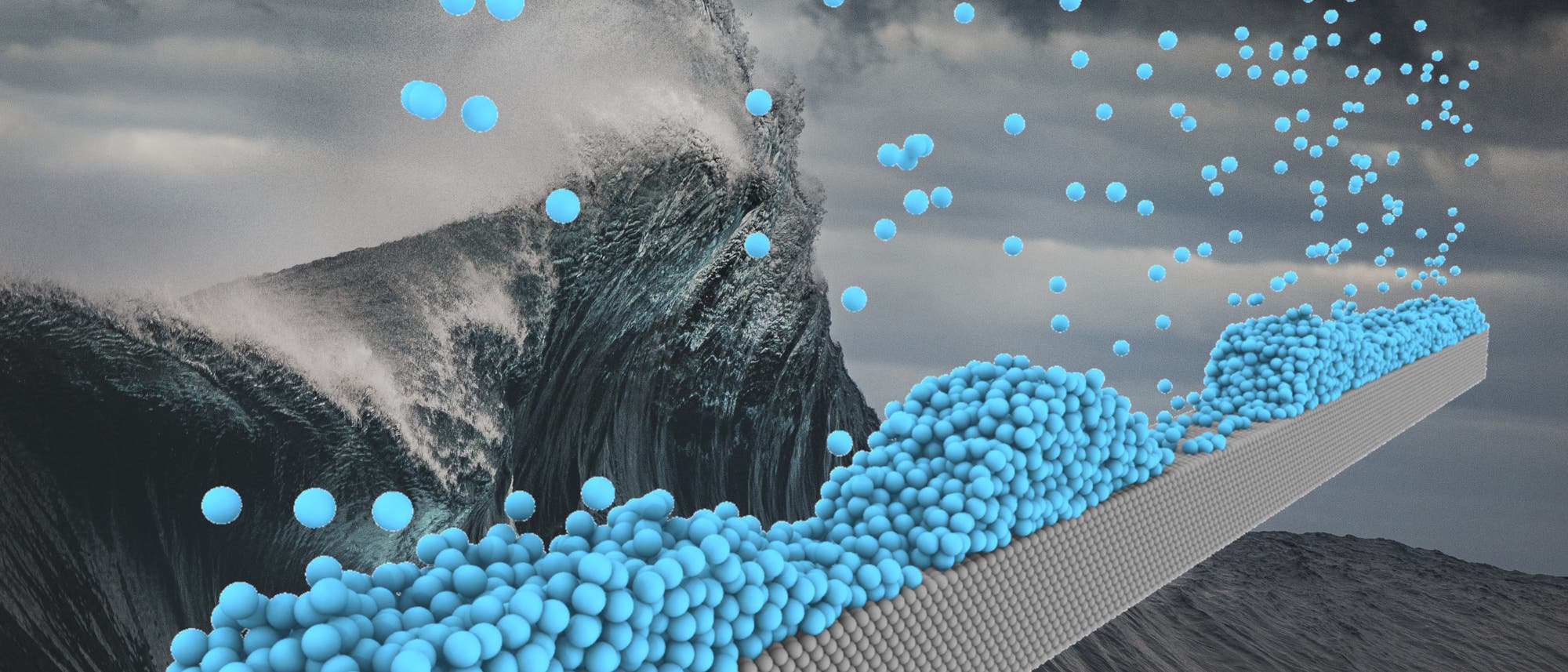 Molekülsimulation einer Nano-Monsterwelle vor einer Meereswelle.