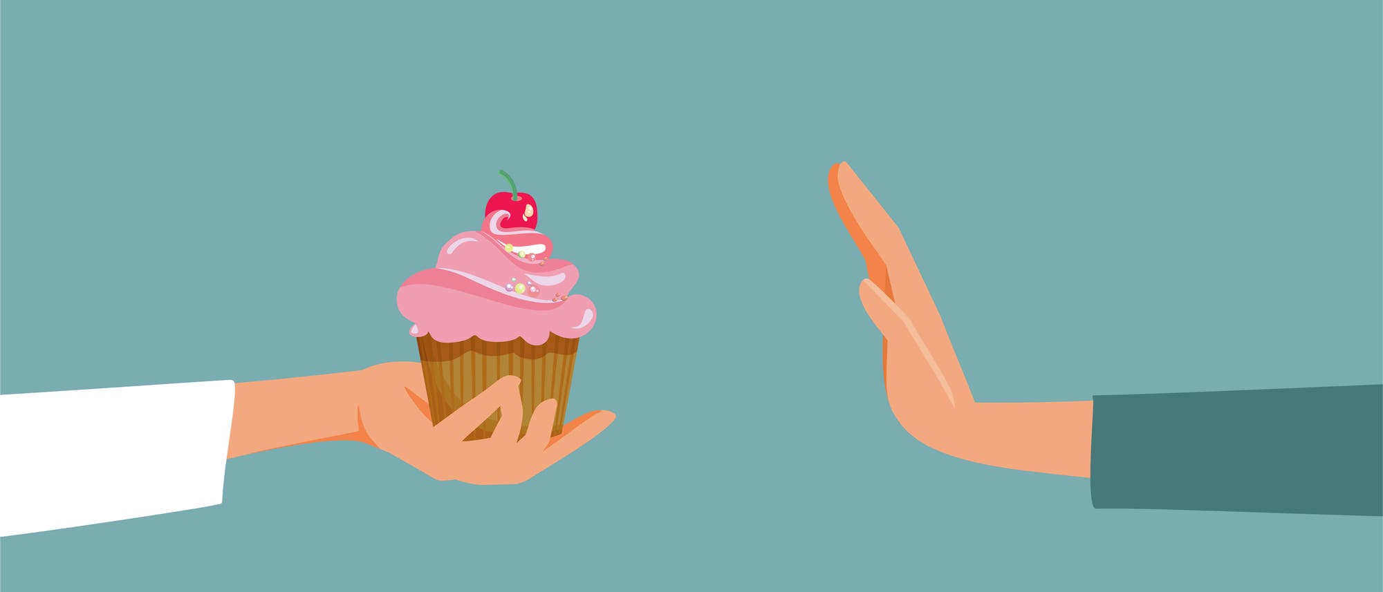 Illustration mit zwei Händen vor türkisfarbenem Hintergrund. Eine Hand hält der anderen einen Cupcake entgegen, die andere Person winkt ab.