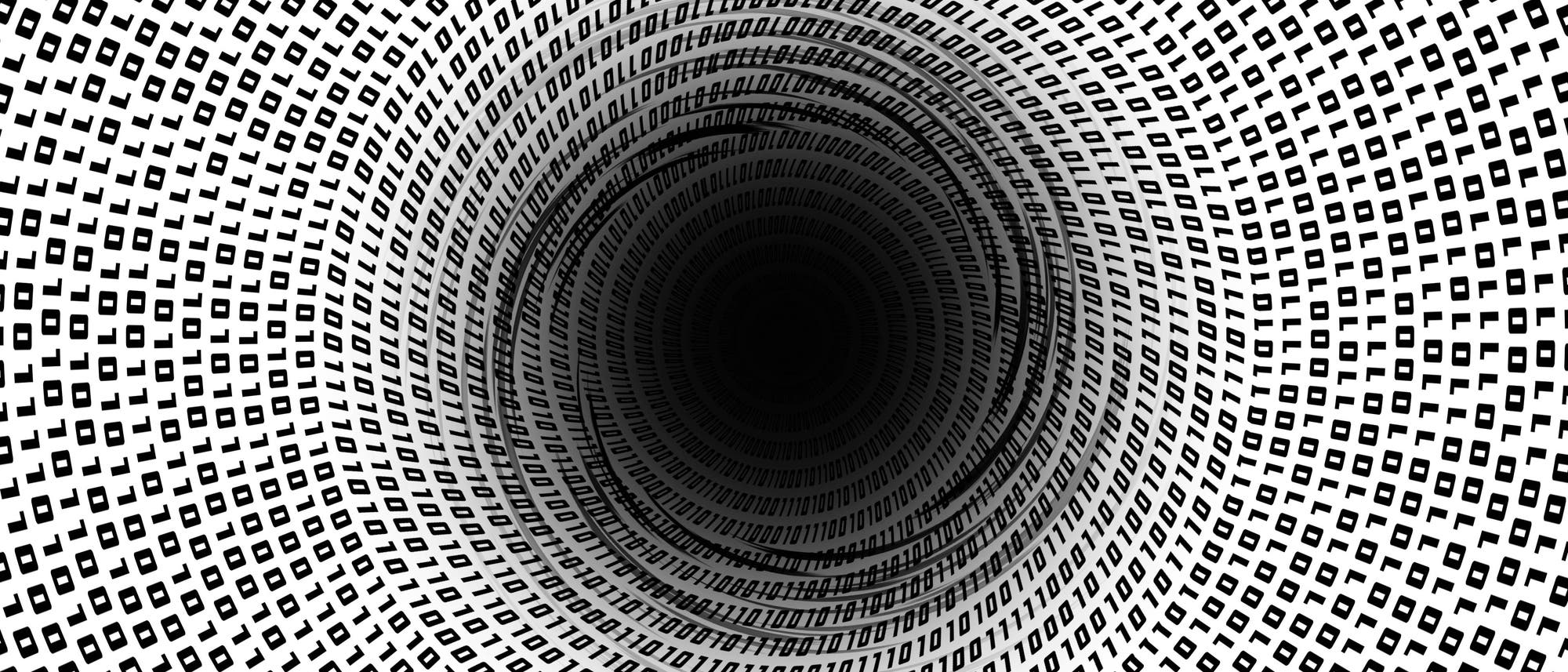 Grafische Darstellung eines schwarzen Loches, das Binärdaten verschlingt.