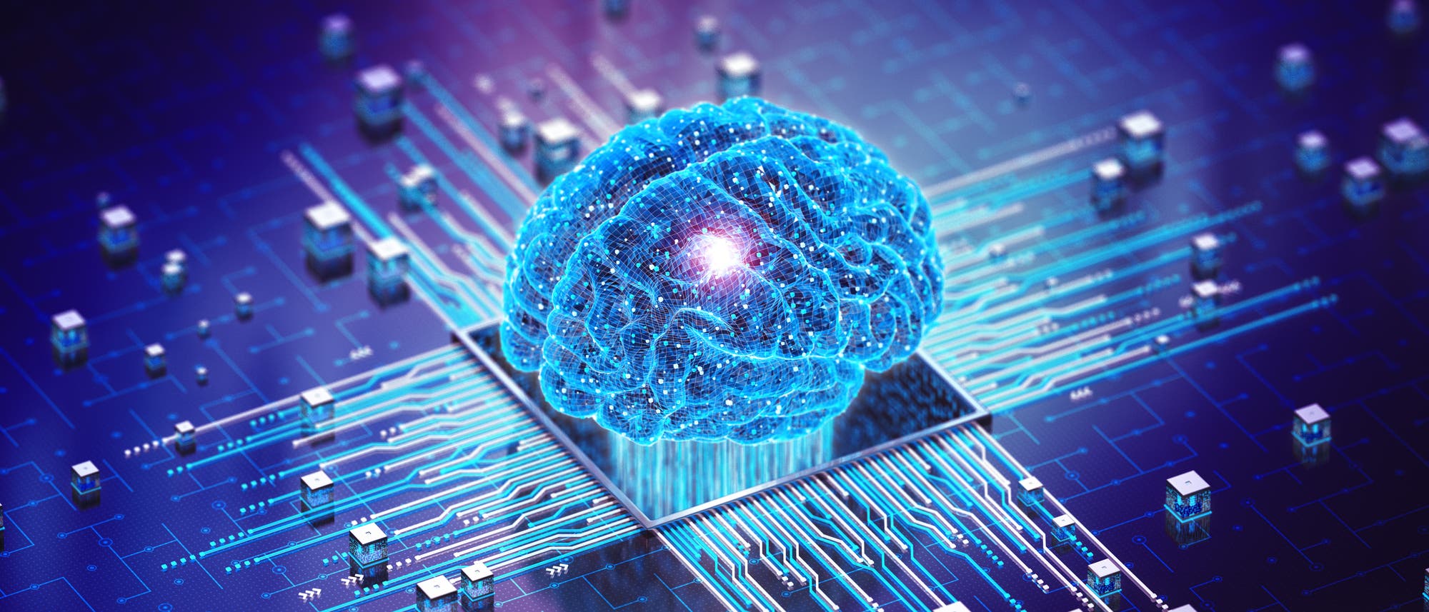 Illustration eines künstlichen Hirns auf einem Computer. Digitaler Verstand. Visualisierung des Konzepts der künstlichen Intelligenz des Gehirns