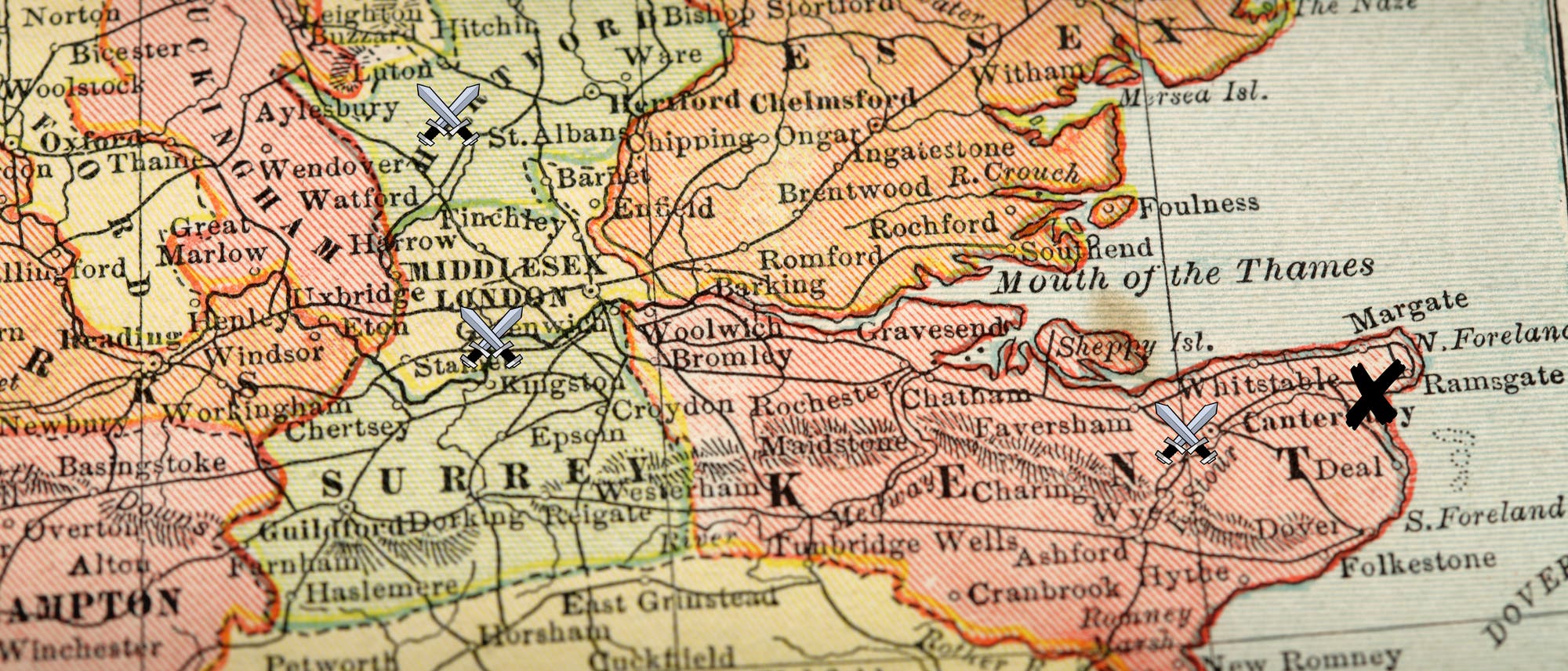 Karte des Südostens von England; eingezeichnet ist der vermutliche Landeplatz Cäsars sowie die Orte wichtiger Schlachten.