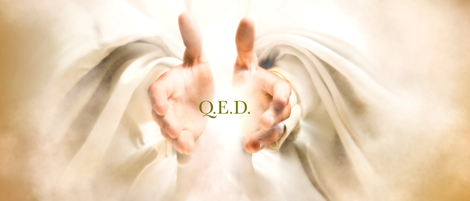 Zwei göttliche Hände mit der Inschrift »QED«
