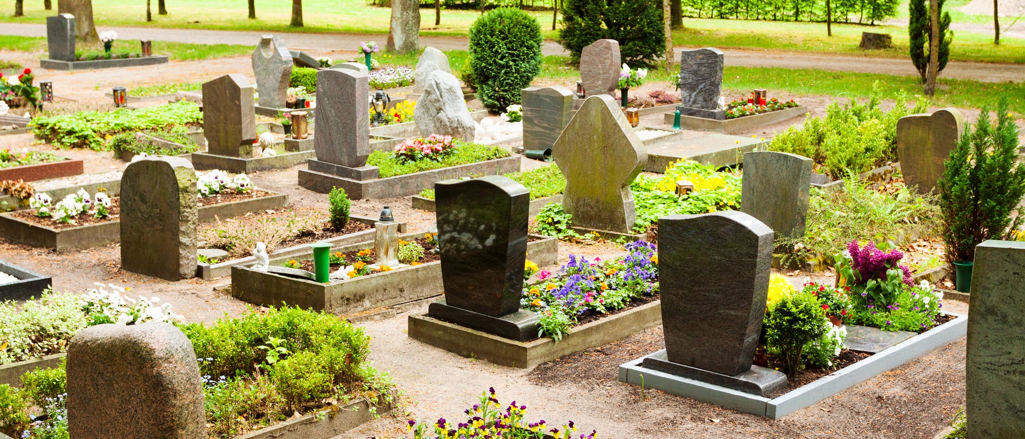 Blick auf einen Friedhof mit schlichten, modernen Grabsteinen.