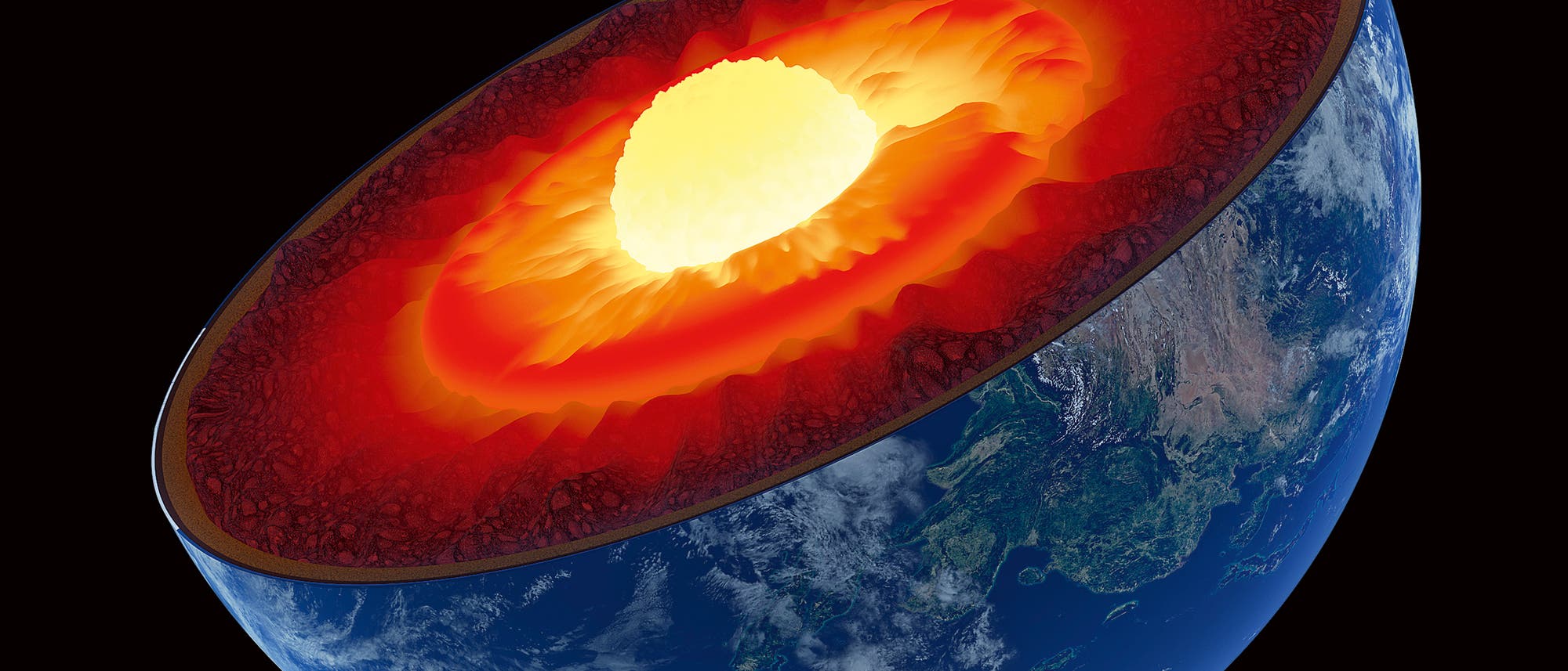 3D-Darstellung eines Querschnitts der Erde, der die verschiedenen Schichten zeigt. Die äußere Schicht ist die Erdkruste, gefolgt vom Mantel, der in leuchtenden Rottönen dargestellt ist. Im Zentrum befindet sich der Erdkern, der in einem hellen Gelb leuchtet. Die Oberfläche der Erde zeigt Kontinente und Ozeane. Diese Abbildung veranschaulicht die innere Struktur der Erde und die unterschiedlichen geologischen Schichten. 3D-Darstellung eines Querschnitts der Erde, der die verschiedenen Schichten zeigt. Die äußere Schicht ist die Erdkruste, gefolgt vom Mantel, der in leuchtenden Rottönen dargestellt ist. Im Zentrum befindet sich der Erdkern, der in einem hellen Gelb leuchtet. Die Oberfläche der Erde zeigt Kontinente und Ozeane. Diese Abbildung veranschaulicht die innere Struktur der Erde und die unterschiedlichen geologischen Schichten.
