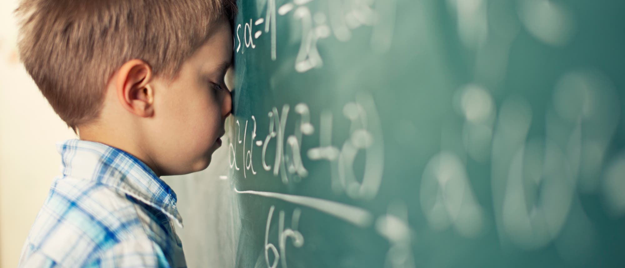 Ein Schüler lehnt mit dem Kopf an einer Tafel mit Mathe-Formeln. Ein Schüler lehnt mit dem Kopf an einer Tafel mit Mathe-Formeln.