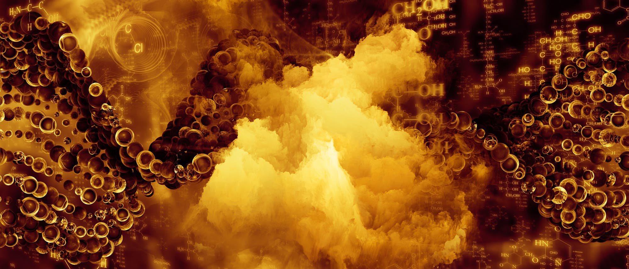 Bläschen und Moleküle vor einem vage nach Geysir aussehenden Hintergrundbild, alles in den Braun- und Gelbtönen, die dem Chemiker anzeigen, dass der größte Teil seiner teuren Chemikalien gerade zu unbrauchbarem Schlonz verkocht ist.