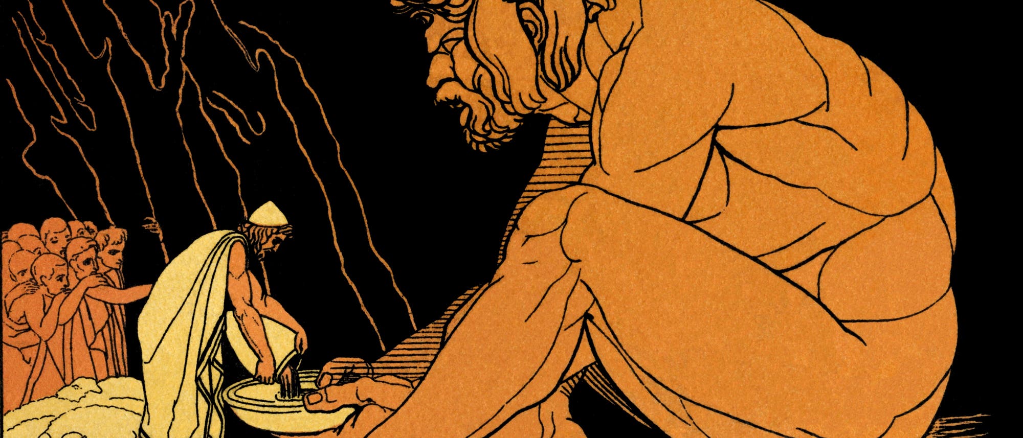 Eine antikisierende Illustration zeigt eine Szene aus der griechischen Mythologie. Ein großer, sitzender Zyklop mit einem Tuch um den Kopf beobachtet eine Gruppe von Menschen. Einer der Menschen, in einem antiken Gewand, reicht dem Zyklopen eine Schale. Im Hintergrund sind weitere Personen und ein Schaf zu sehen. Die Szene spielt in einer Höhle. Eine antikisierende Illustration zeigt eine Szene aus der griechischen Mythologie. Ein großer, sitzender Zyklop mit einem Tuch um den Kopf beobachtet eine Gruppe von Menschen. Einer der Menschen, in einem antiken Gewand, reicht dem Zyklopen eine Schale. Im Hintergrund sind weitere Personen und ein Schaf zu sehen. Die Szene spielt in einer Höhle.