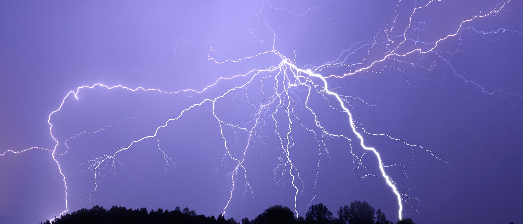 Gewaltige Blitze über einer nächtlichen Landschaft mit Bäumen