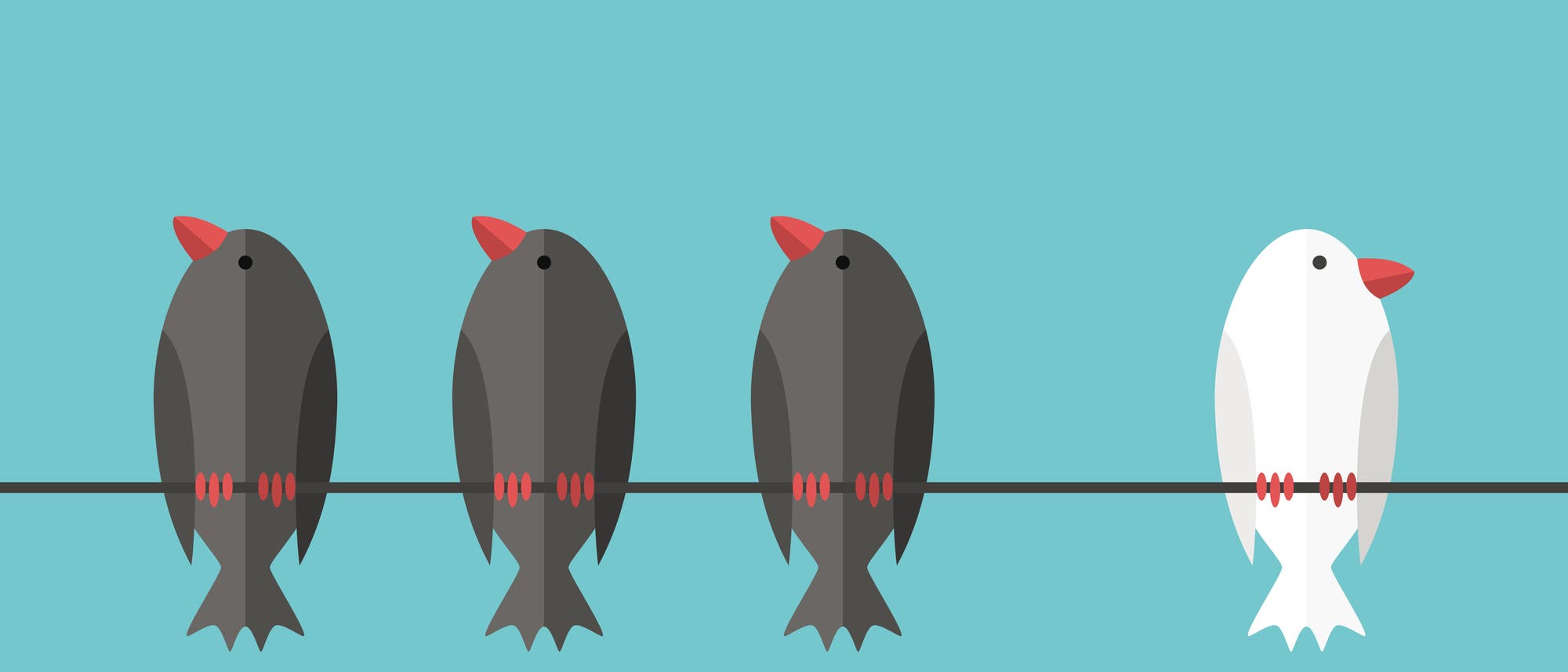 Eine minimalistische Illustration zeigt vier Vögel auf einer Leitung vor einem hellblauen Hintergrund. Drei der Vögel sind dunkelgrau, während der vierte Vogel weiß ist. Alle Vögel haben rote Schnäbel und Krallen. Die Darstellung thematisiert Individualität und Andersartigkeit.