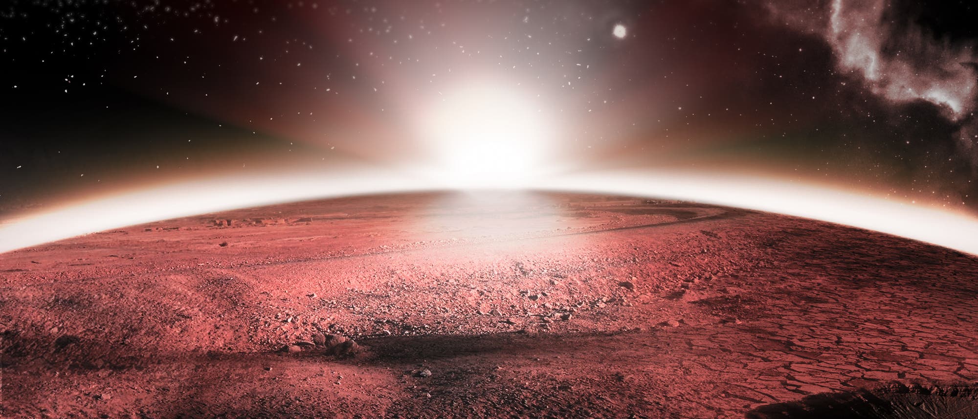 Illustration, die einen Sonnenaufgang auf dem Mars zeigt.