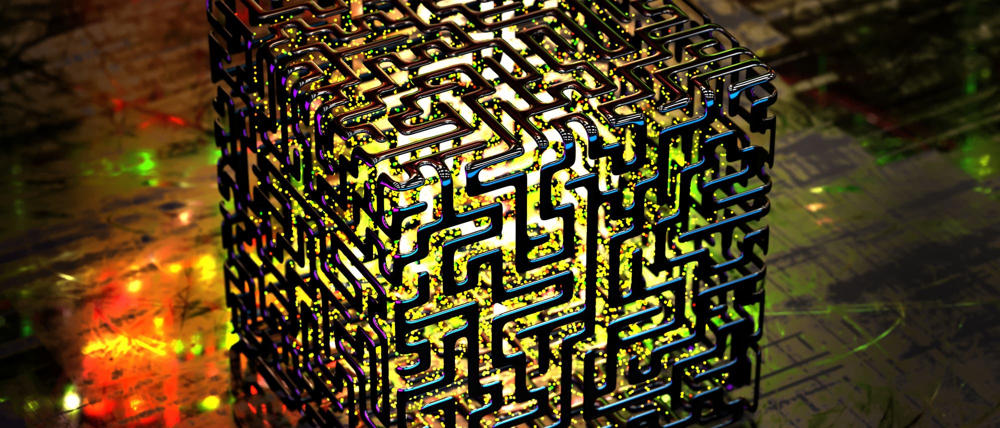 Symbolbild für einen Quantencomputer: Ein von innen erleuchteter Würfel aus... ja was eigentlich? Quanten?