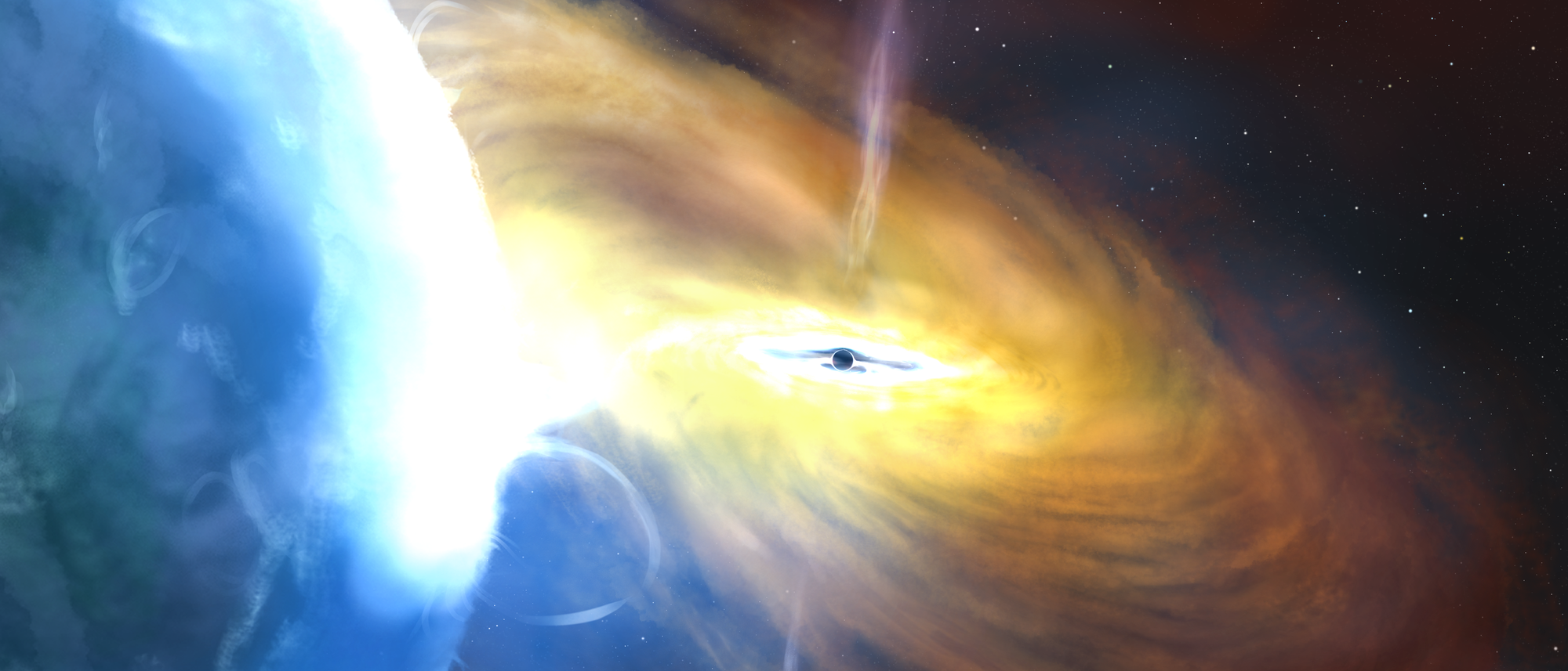 Illustration, wie ein Schwarzes Loch eine riesige Gaswolke verschlingt und dabei Energie freisetzt