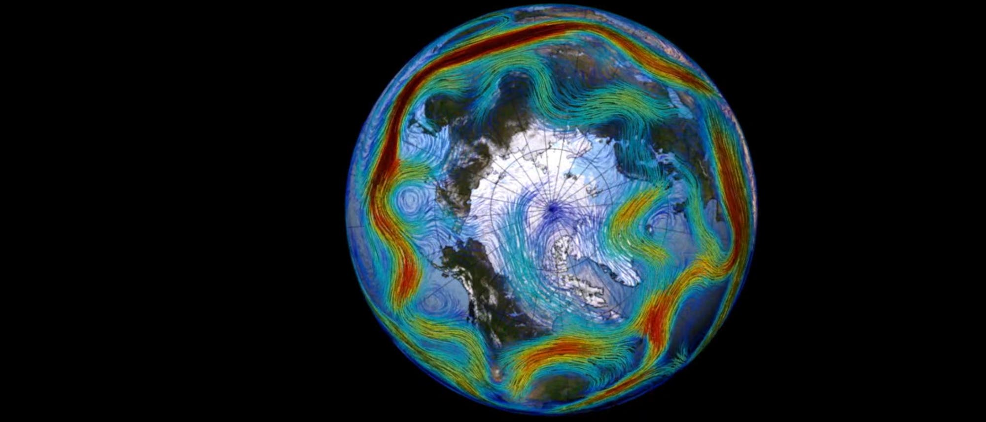 Darstellung der Erde mit Fokus auf die Arktis, umgeben von farbigen Linien, die atmosphärische Strömungen und Jetstreams visualisieren. Die Linien sind in Blau-, Grün- und Rottönen gehalten, was auf unterschiedliche Windgeschwindigkeiten hinweist. Der Hintergrund ist schwarz, um die Erde hervorzuheben.