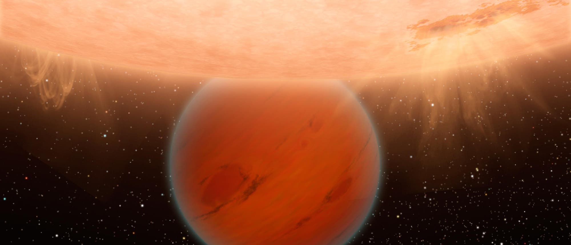 Ein roter Exoplanet, der vor einem großen, hellen Stern im Weltraum schwebt. Der Stern strahlt intensives Licht aus, während der Planet im Vordergrund mit einer rötlichen Oberfläche sichtbar ist. Im Hintergrund sind zahlreiche kleine Sterne zu sehen, die den dunklen Weltraum erhellen. Ein roter Exoplanet, der vor einem großen, hellen Stern im Weltraum schwebt. Der Stern strahlt intensives Licht aus, während der Planet im Vordergrund mit einer rötlichen Oberfläche sichtbar ist. Im Hintergrund sind zahlreiche kleine Sterne zu sehen, die den dunklen Weltraum erhellen.