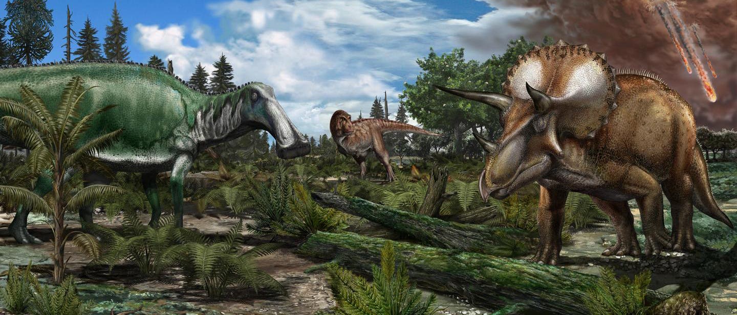 Eine prähistorische Landschaft mit drei Dinosauriern: Ein großer, grüner Pflanzenfresser links, ein fleischfressender Dinosaurier in der Mitte und ein Triceratops rechts. Im Hintergrund ist ein Asteroideneinschlag zu sehen, der Feuer und Rauch verursacht. Die Szene spielt in einem üppigen Wald mit Farnen und umgestürzten Bäumen unter einem blauen Himmel mit Wolken. Eine prähistorische Landschaft mit drei Dinosauriern: Ein großer, grüner Pflanzenfresser links, ein fleischfressender Dinosaurier in der Mitte und ein Triceratops rechts. Im Hintergrund ist ein Asteroideneinschlag zu sehen, der Feuer und Rauch verursacht. Die Szene spielt in einem üppigen Wald mit Farnen und umgestürzten Bäumen unter einem blauen Himmel mit Wolken.