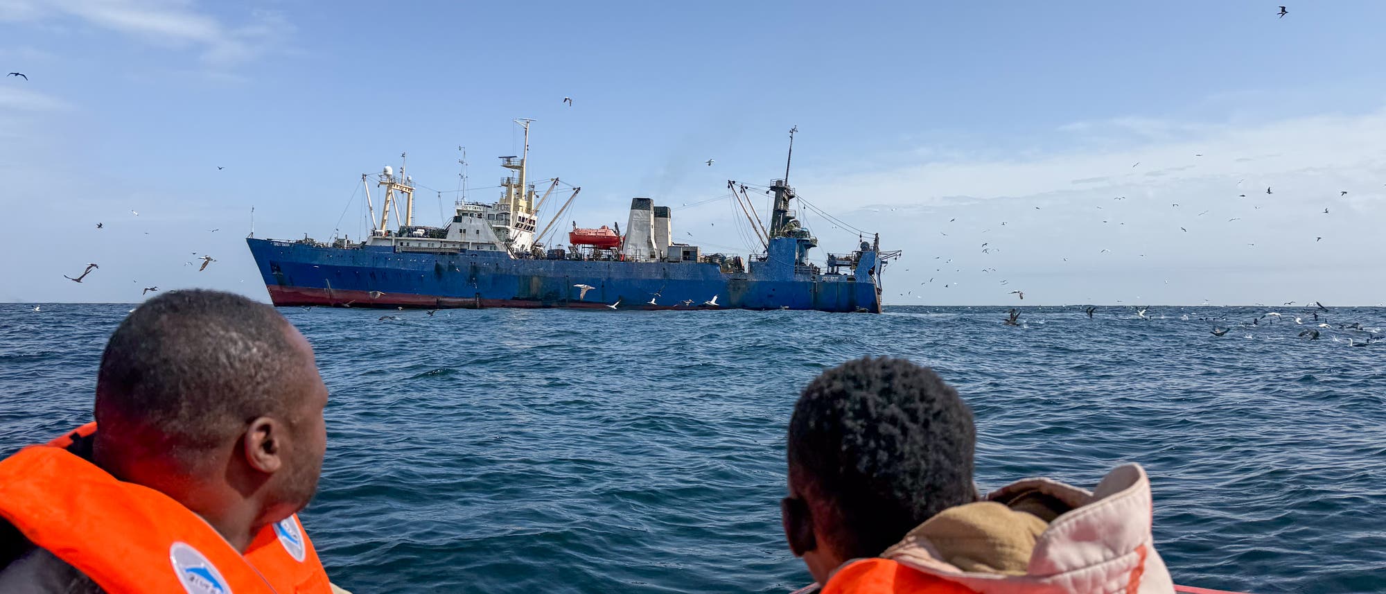 Zwei Personen in einem kleinen Boot tragen orangefarbene Schwimmwesten und blicken auf einen großen blauen Trawler auf dem Meer. Der Himmel ist klar, und zahlreiche Vögel fliegen über dem Wasser. Die Szene vermittelt einen Eindruck von Beobachtung oder Patrouille auf See. Zwei Personen in einem kleinen Boot tragen orangefarbene Schwimmwesten und blicken auf einen großen blauen Trawler auf dem Meer. Der Himmel ist klar, und zahlreiche Vögel fliegen über dem Wasser. Die Szene vermittelt einen Eindruck von Beobachtung oder Patrouille auf See.