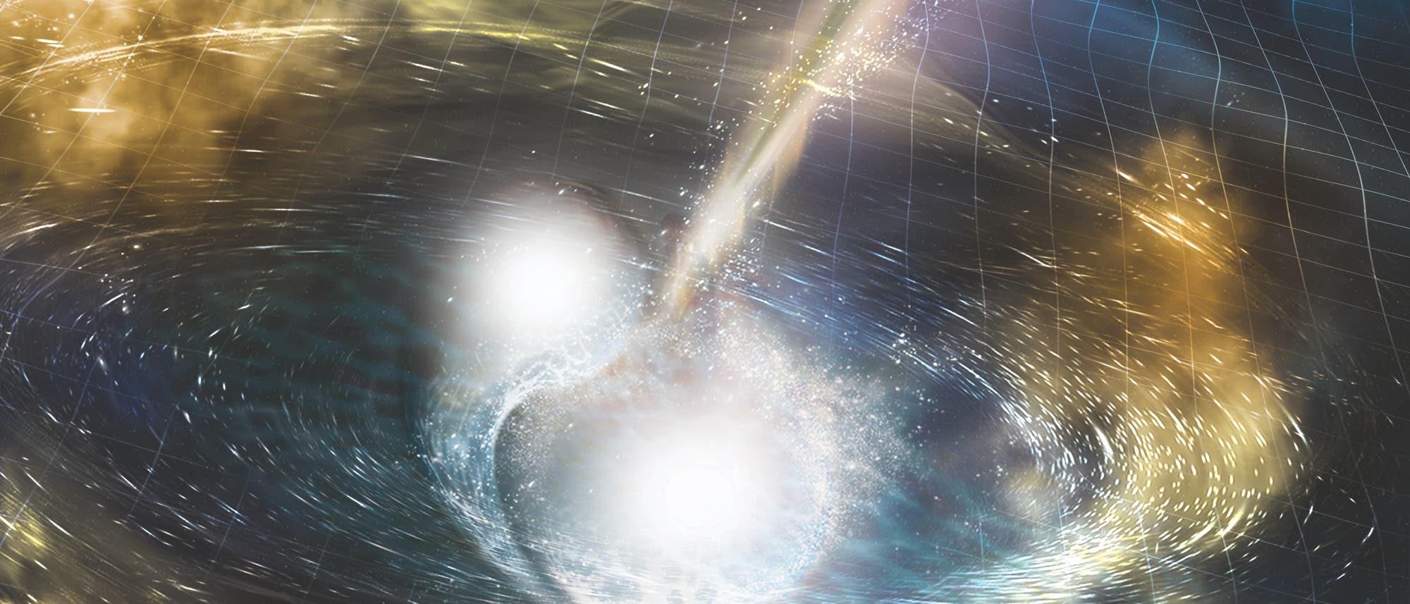 Wenn zwei Neutornensterne kollidieren, versetzen sie die Raumzeit in Schwingung - und feuern extrem energiereiche Strahlenbündel ins Weltall.