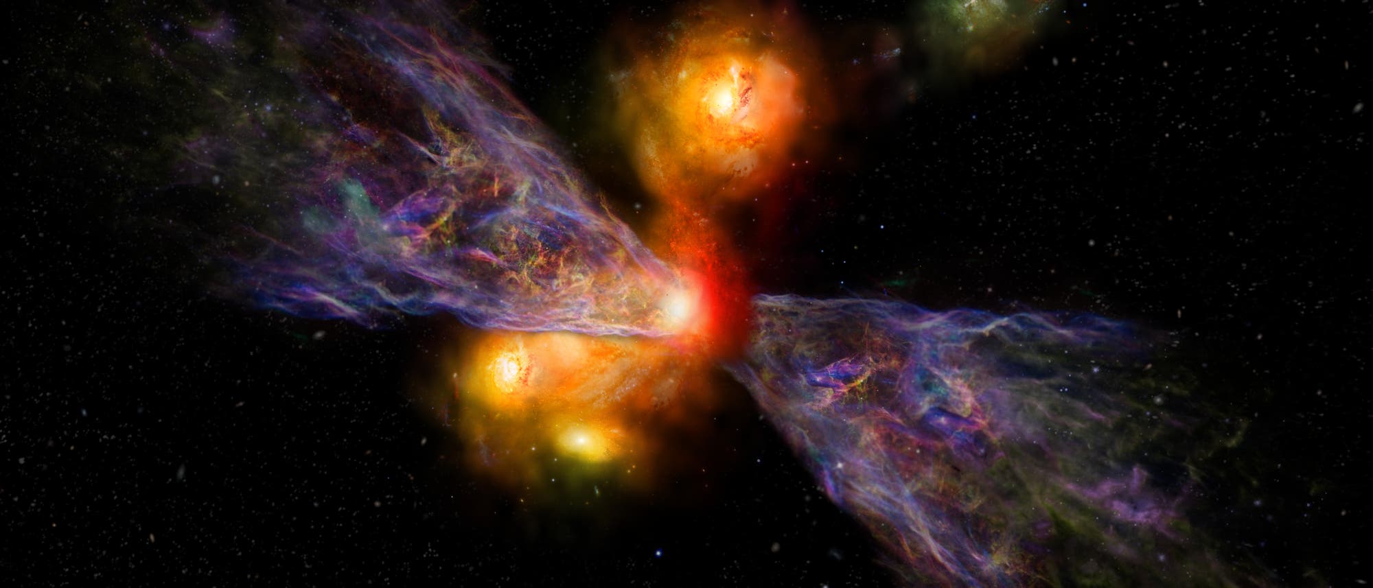 Eine künstlerische Darstellung eines astronomischen Phänomens im Weltraum. Das Bild zeigt eine farbenfrohe, dynamische Struktur mit leuchtenden, nebligen Ausläufern, die von einem zentralen Punkt ausgehen. Die Farben reichen von Rot und Orange bis zu Violett und Blau, die sich vor einem schwarzen Hintergrund mit verstreuten Sternen abheben. Diese Darstellung könnte eine Galaxienkollision oder ein anderes kosmisches Ereignis symbolisieren. Eine künstlerische Darstellung eines astronomischen Phänomens im Weltraum. Das Bild zeigt eine farbenfrohe, dynamische Struktur mit leuchtenden, nebligen Ausläufern, die von einem zentralen Punkt ausgehen. Die Farben reichen von Rot und Orange bis zu Violett und Blau, die sich vor einem schwarzen Hintergrund mit verstreuten Sternen abheben. Diese Darstellung könnte eine Galaxienkollision oder ein anderes kosmisches Ereignis symbolisieren.