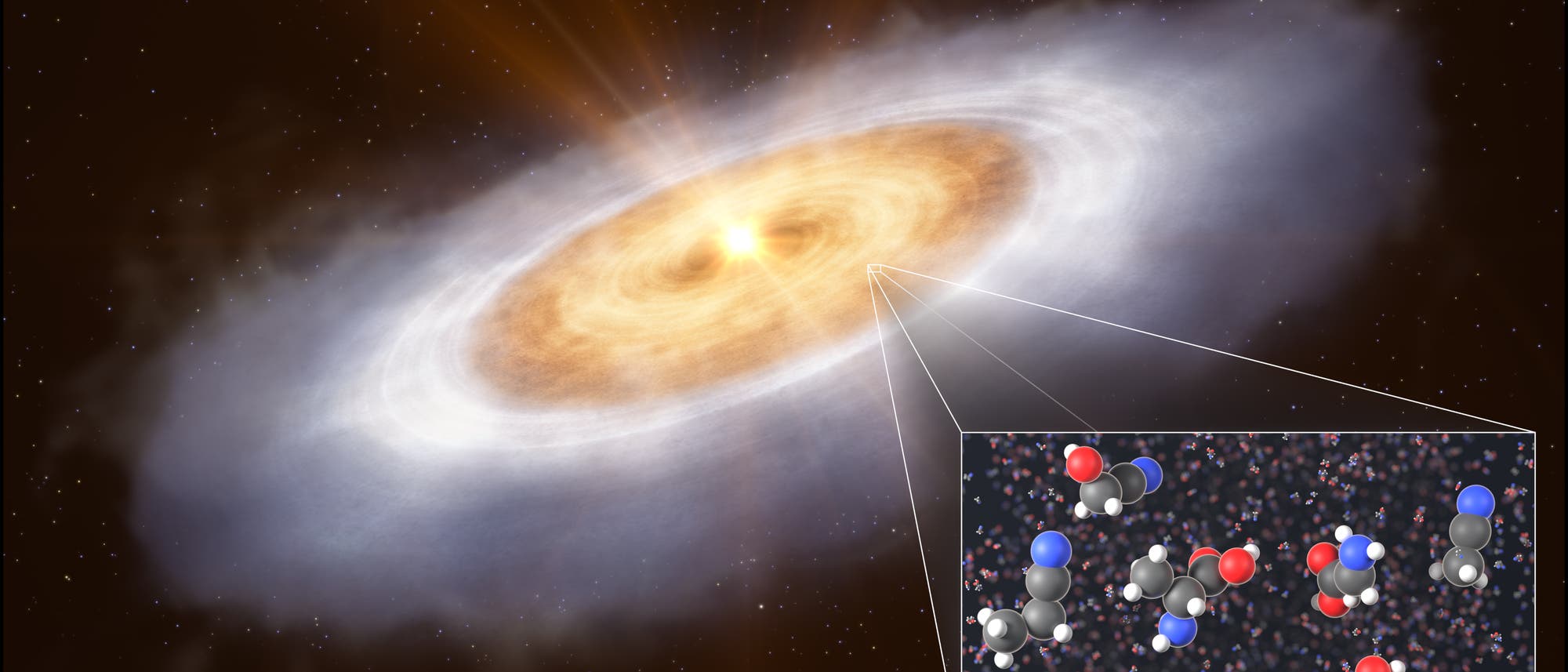 Eine künstlerische Darstellung einer protoplanetaren Scheibe um einen jungen Stern im Weltraum. Die Scheibe leuchtet in warmen Gelb- und Orangetönen, umgeben von einem nebligen, weißen Ring. Ein vergrößerter Ausschnitt zeigt chemische Strukturen, die auf das Vorhandensein komplexer Moleküle hinweisen. Der Hintergrund ist mit Sternen übersät. Schlüsselwörter: protoplanetare Scheibe, junger Stern, chemische Strukturen, Weltraum. Eine künstlerische Darstellung einer protoplanetaren Scheibe um einen jungen Stern im Weltraum. Die Scheibe leuchtet in warmen Gelb- und Orangetönen, umgeben von einem nebligen, weißen Ring. Ein vergrößerter Ausschnitt zeigt chemische Strukturen, die auf das Vorhandensein komplexer Moleküle hinweisen. Der Hintergrund ist mit Sternen übersät. Schlüsselwörter: protoplanetare Scheibe, junger Stern, chemische Strukturen, Weltraum.