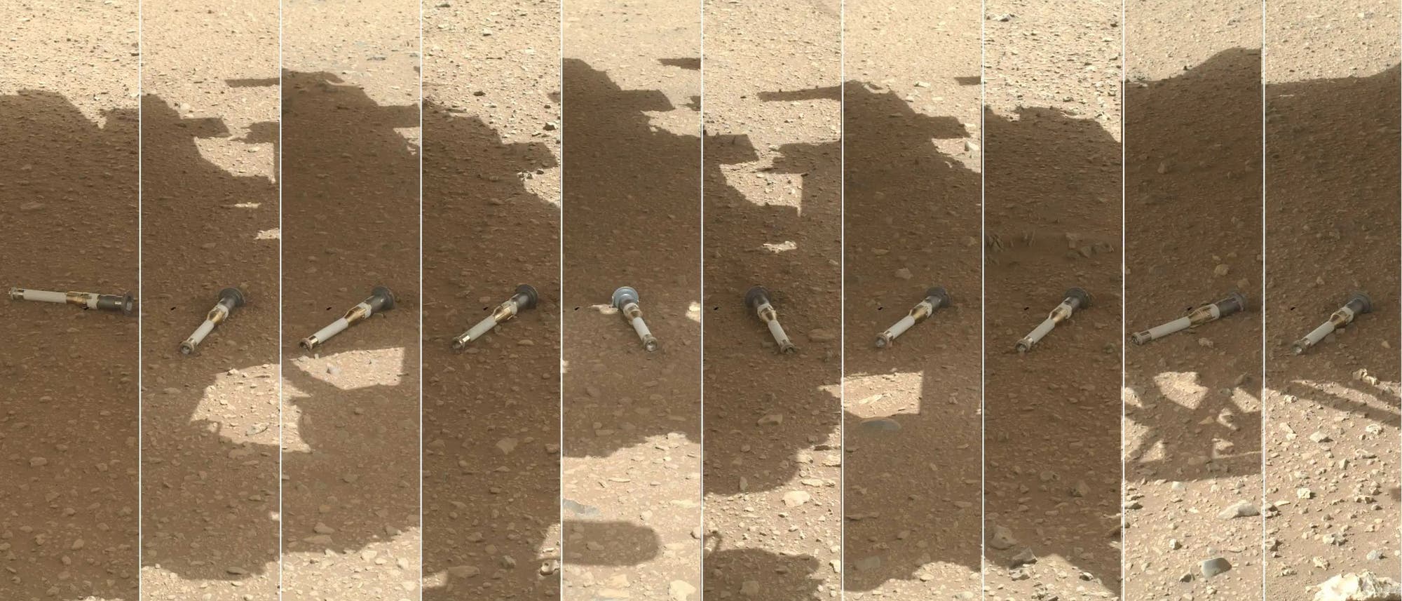 Die Gesteinsproben liegen auf dem Marsboden zum Aufsammeln bereit