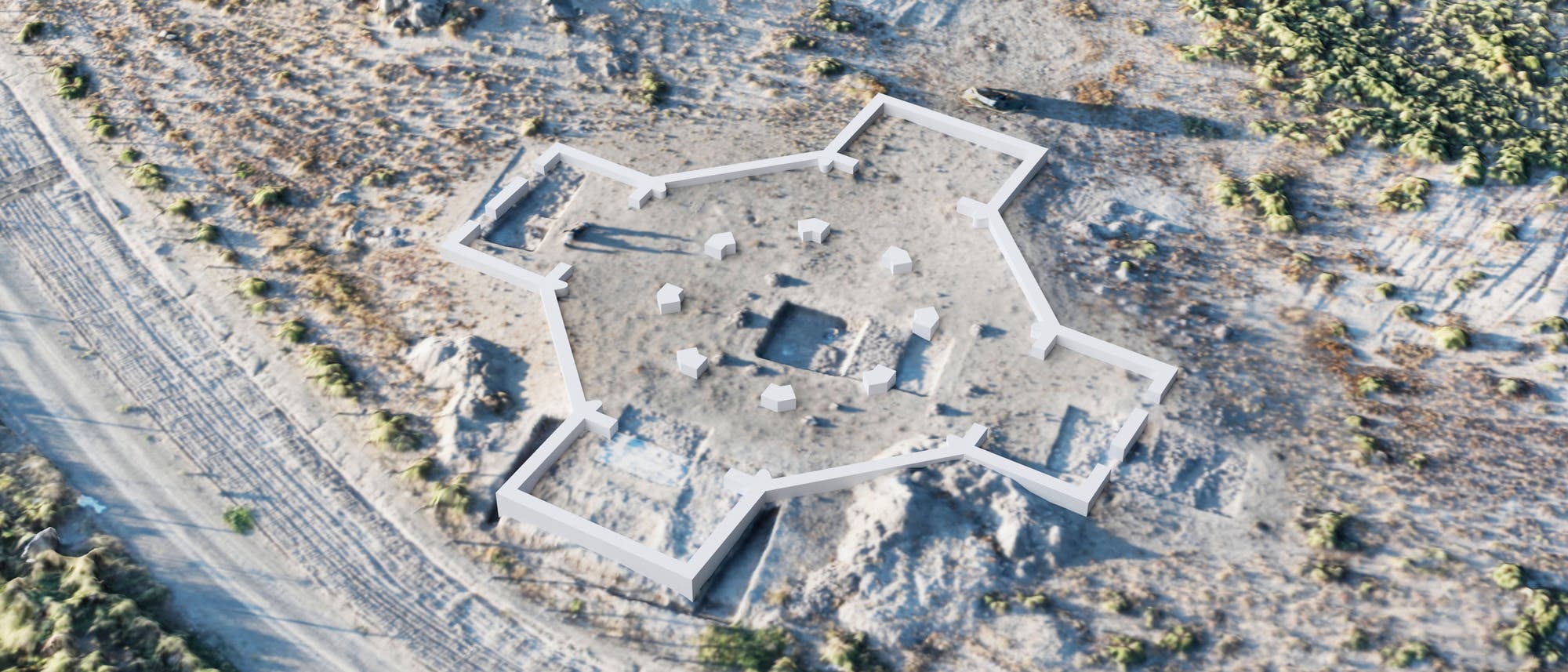 Luftbild der Grabungen in Artaxata in Armenien mit der Rekonstruktion einer achteckigen Kirchen mit Anbauten.