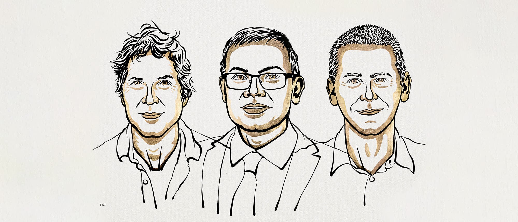 Zeichnung von David Baker, Demis Hassabis und John Jumper