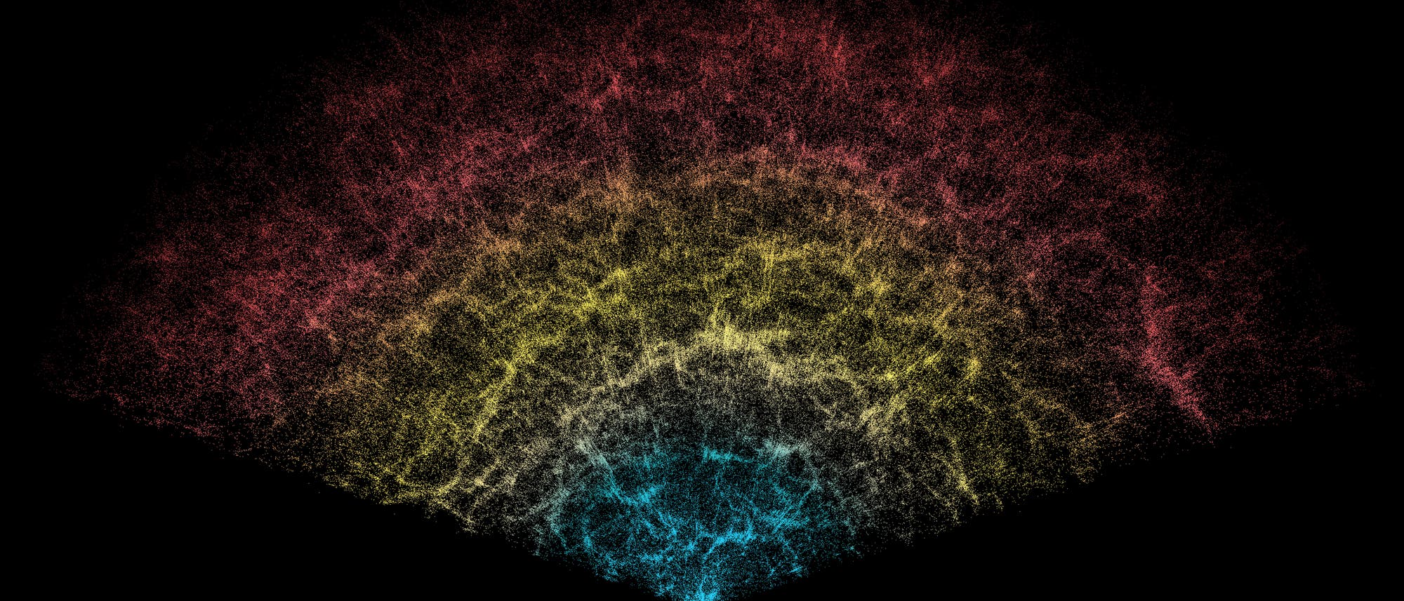 Ein Ausschnitt einer Karte aus unserem Universum mit unzähligen Punkten. Jeder Punkt stellt eine Galaxie dar. Es ergibt ein Muster, in dem sich die Punkte bevorzugt entlang von wabenförmigen Filamenten häufen und dazwischen weniger Galaxien liegen. 