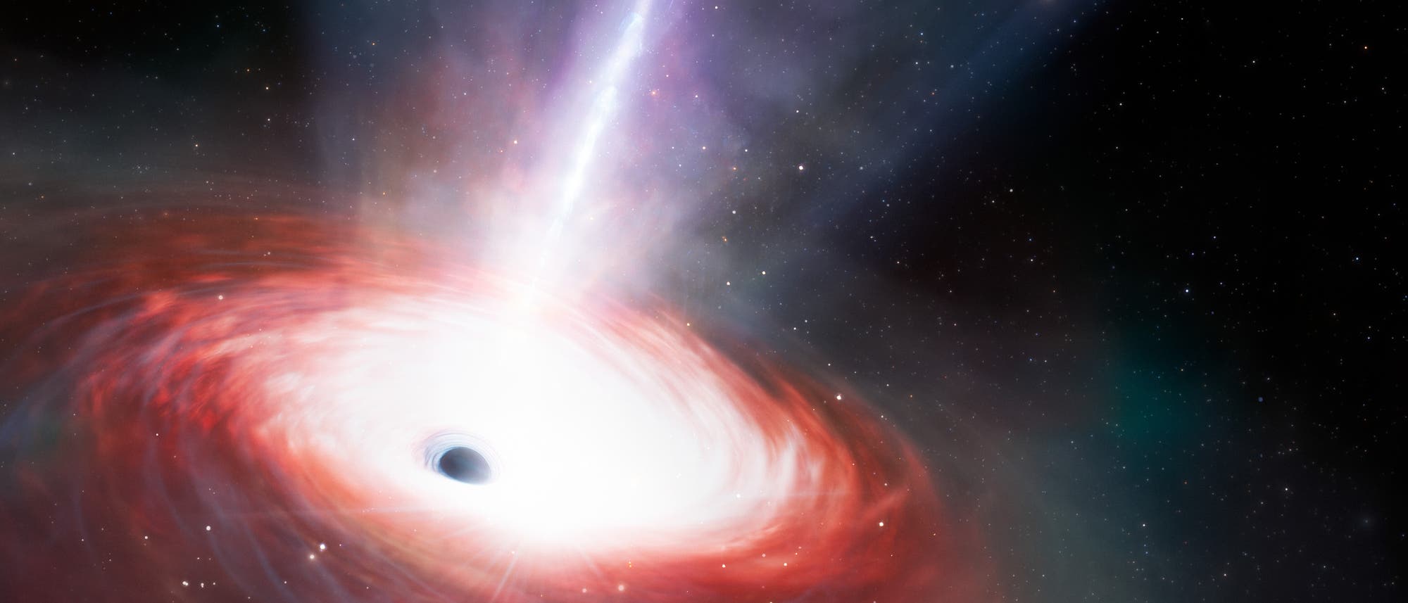 Eine Illustration eines supermassereichen Schwarzen Lochs im Zentrum einer Galaxie. Das Bild zeigt eine helle Akkretionsscheibe aus rotierenden Gasen und Staub, die das Schwarze Loch umgibt. Ein heller, energiereicher Jet aus Materie strahlt senkrecht von der Akkretionsscheibe in den Weltraum. Der Hintergrund ist mit zahlreichen Sternen &uuml;bers&auml;t, die die Weite des Universums darstellen.