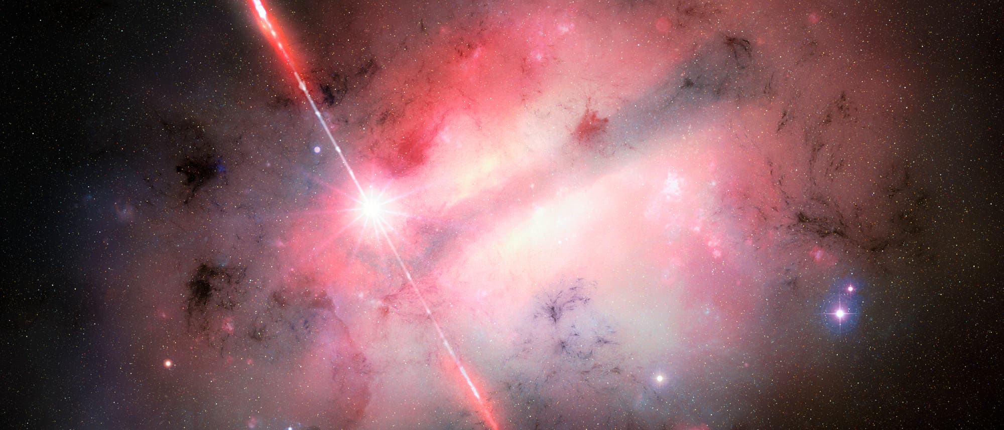 Eine künstlerische Darstellung eines Gammastrahlenausbruchs im Weltraum. Ein intensiver Lichtstrahl erstreckt sich diagonal durch ein farbenfrohes, nebliges kosmisches Umfeld, das in Rottönen leuchtet. Der Hintergrund zeigt einen Sternenhimmel mit verstreuten Lichtpunkten. Der Ausbruch ist von einer hellen, zentralen Lichtquelle umgeben, die die Umgebung erleuchtet.