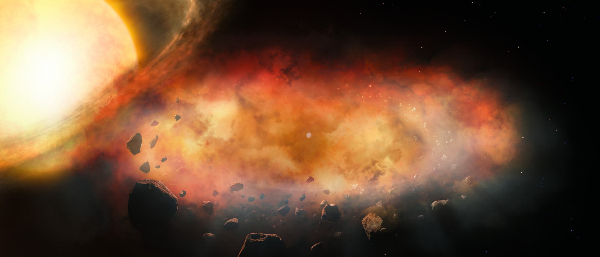 Illustration eines protoplanetaren Nebels um einen jungen Stern. Der Stern leuchtet hell auf der linken Seite, umgeben von einer rotierenden Scheibe aus Gas und Staub. Im Vordergrund sind zahlreiche Asteroiden und Gesteinsbrocken zu sehen, die sich in der Scheibe bewegen. Der Hintergrund ist dunkel mit vereinzelten Sternen. Diese Darstellung zeigt die frühe Phase der Planetenentstehung im Universum. Illustration eines protoplanetaren Nebels um einen jungen Stern. Der Stern leuchtet hell auf der linken Seite, umgeben von einer rotierenden Scheibe aus Gas und Staub. Im Vordergrund sind zahlreiche Asteroiden und Gesteinsbrocken zu sehen, die sich in der Scheibe bewegen. Der Hintergrund ist dunkel mit vereinzelten Sternen. Diese Darstellung zeigt die frühe Phase der Planetenentstehung im Universum.