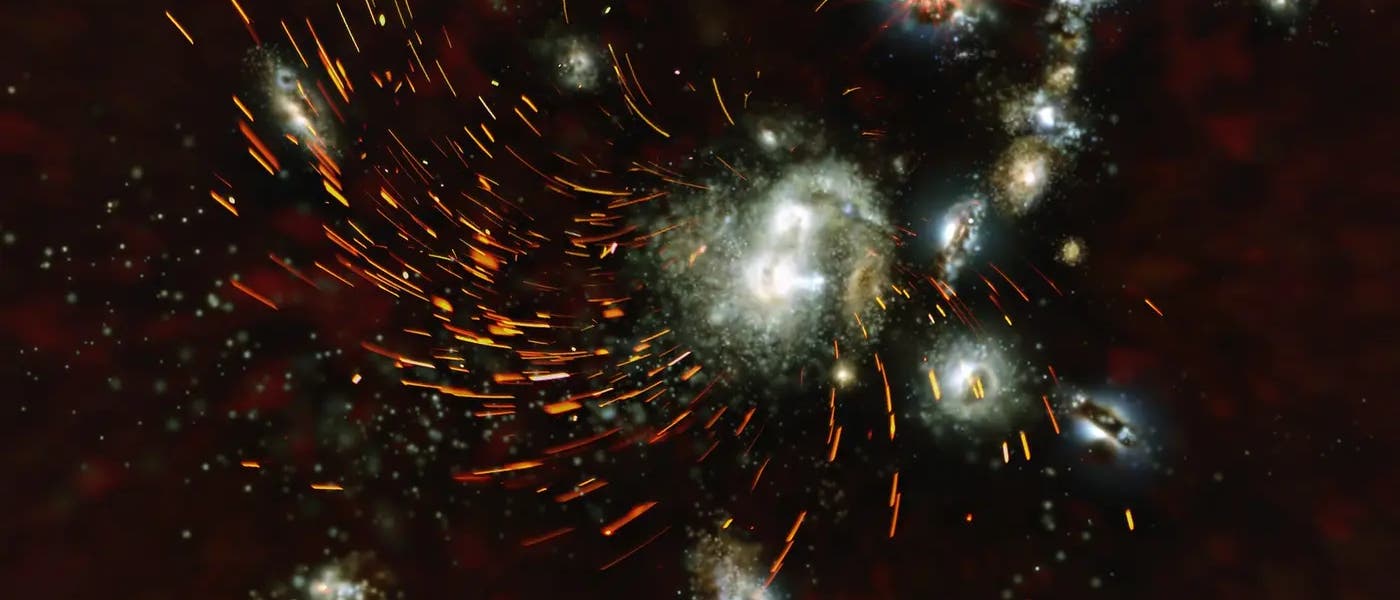 Impresión artística de una colisión de galaxias en el espacio. Se pueden observar varias galaxias rodeadas de brillantes y arremolinadas nubes de gas y polvo. Puntos brillantes de luz y líneas naranjas simbolizan el movimiento dinámico y la energía de la colisión. El fondo es oscuro, lo que aumenta el contraste con los elementos brillantes. La imagen transmite la complejidad y belleza de los fenómenos astronómicos.