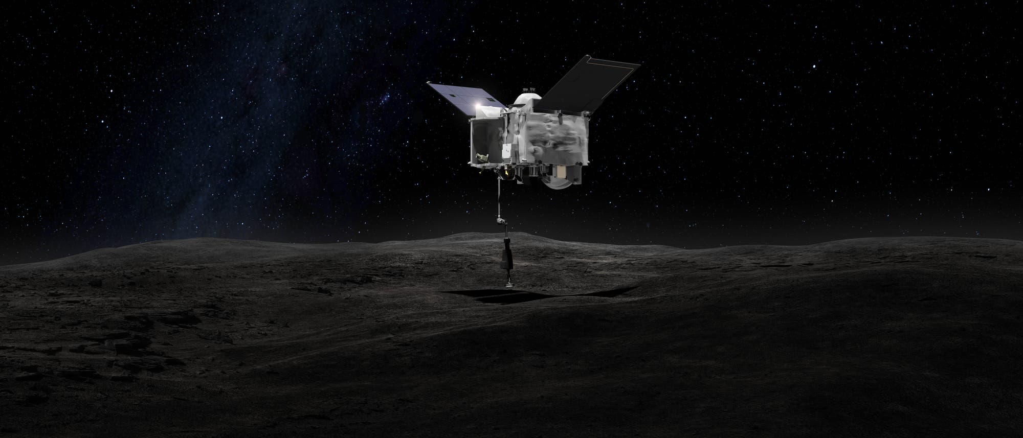 Künstlerische Darstellung: Die Raumsonde OSIRIS-REx entnimmt dem Asteroid Bennu eine Gesteinsprobe.