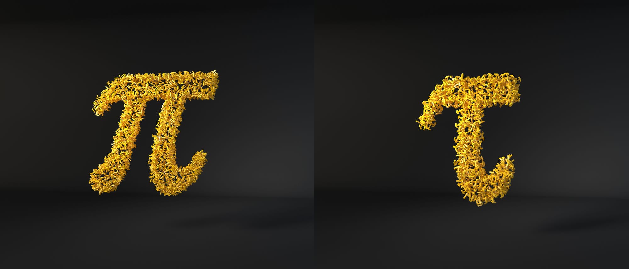 Gelbe Blumen formen die mathematischen Symbole Pi und Tau auf einem dunklen Hintergrund. Links ist das Pi-Symbol, rechts das Tau-Symbol. Die Blumen verleihen den Symbolen eine dreidimensionale, organische Textur.